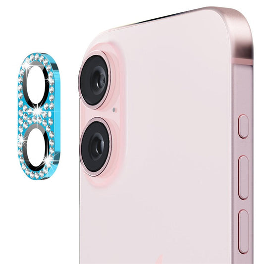 ENKAY HAT PRINCE For iPhone 16 /  16 Plus Camera Lens Protector Rhinestone Decor Metal+Tempered Glass Lens Film - Sky Blue