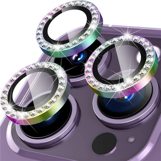 1Set For iPhone 16 Pro / 16 Pro Max Camera Lens Protector Rhinestone Decor Tempered Glass Metal Ring Colorful Lens Film