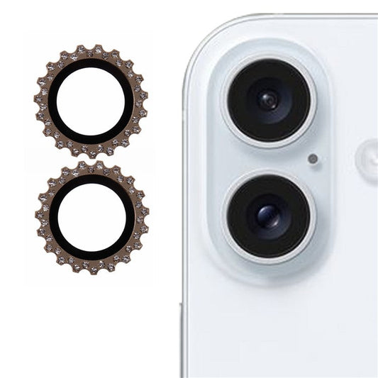 2Pcs / Set For iPhone 16 Plus / 16 Camera Lens Protector Gear Shape Rhinestone Decor Corning Gorilla Glass Lens Film - Gold