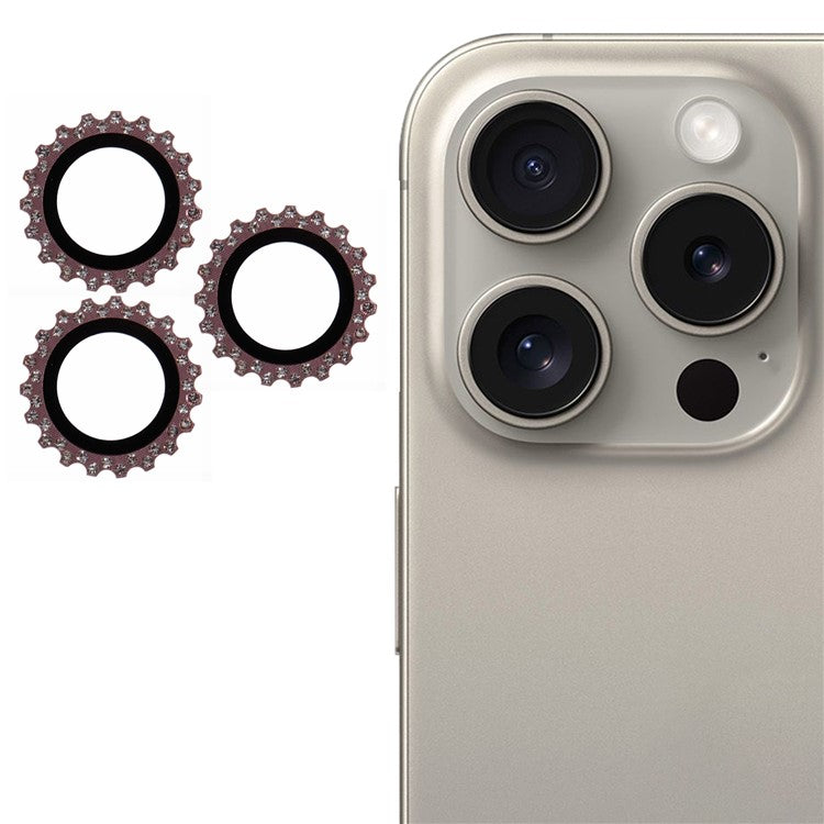 3Pcs / Set For iPhone 16 Pro / 16 Pro Max Camera Lens Protector Gear Shape Rhinestone Decor Corning Gorilla Glass Lens Film - Rose Gold