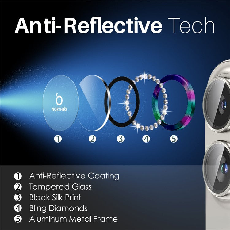 NORTHJO For iPhone 16 / 16 Plus Lens Protector Rhinestone Ring Tempered Glass Lens Film - Colorful