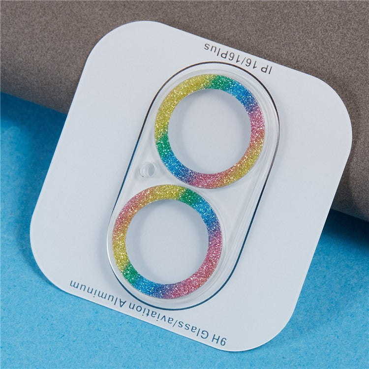 For iPhone 16 / 16 Plus Camera Lens Protector Glitter Tempered Glass Lens Film - Multi-color