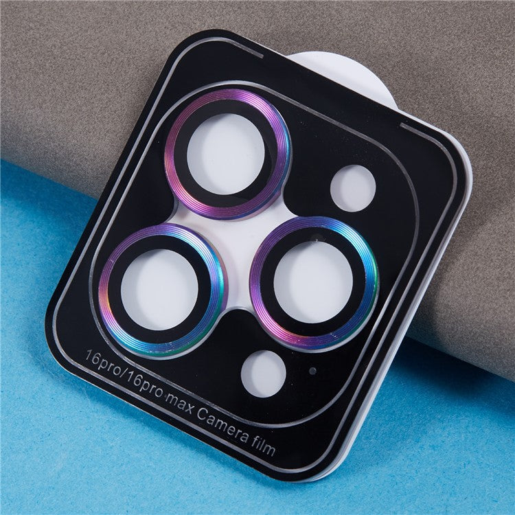 For iPhone 16 Pro / 16 Pro Max Camera Lens Protector CD Veins Metal Ring Tempered Glass Film - Multi-Color