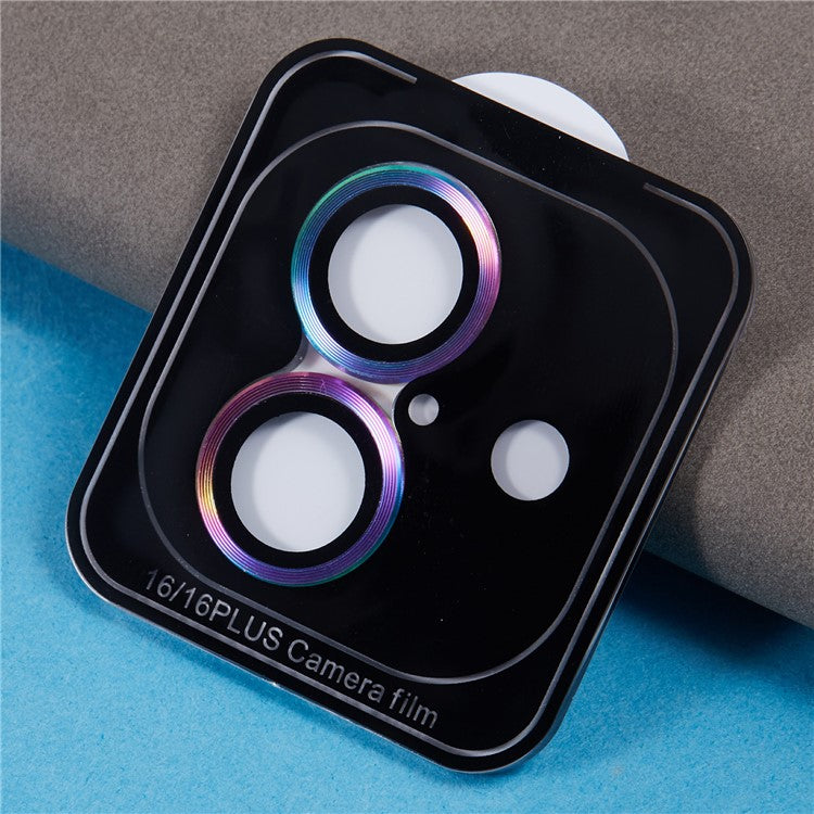For iPhone 16 / 16 Plus Camera Lens Protector CD Veins Metal Ring Tempered Glass Film - Multi-color