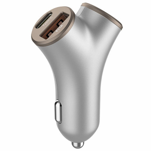 A2 78W Y-Shaped Car Charger 2 USB + 2 Type-C Phone Fast Charging Power Adapter - Silver