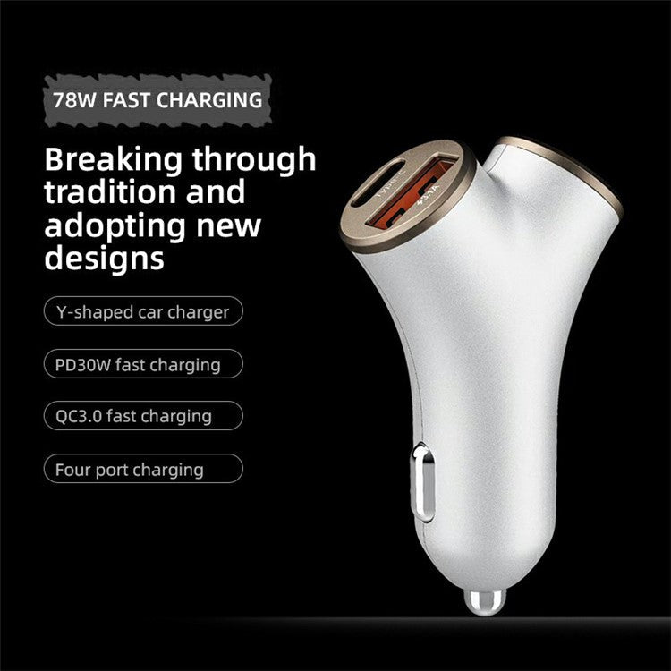 A2 78W Y-Shaped Car Charger 2 USB + 2 Type-C Phone Fast Charging Power Adapter - Silver