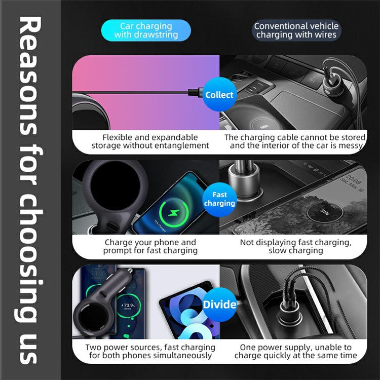 K2 PD 30W Type-C Port Phone Fast Charging Adapter Car Charger with 60W Type-C Retractable Cable