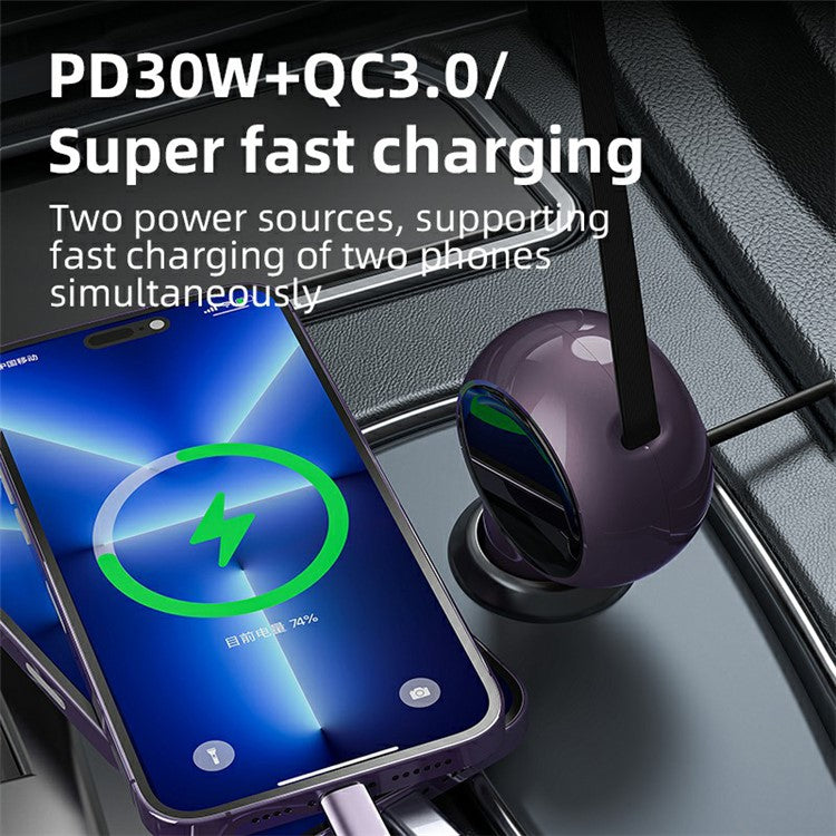 K2 PD 30W Type-C Port Phone Fast Charging Adapter Car Charger with 60W Type-C Retractable Cable