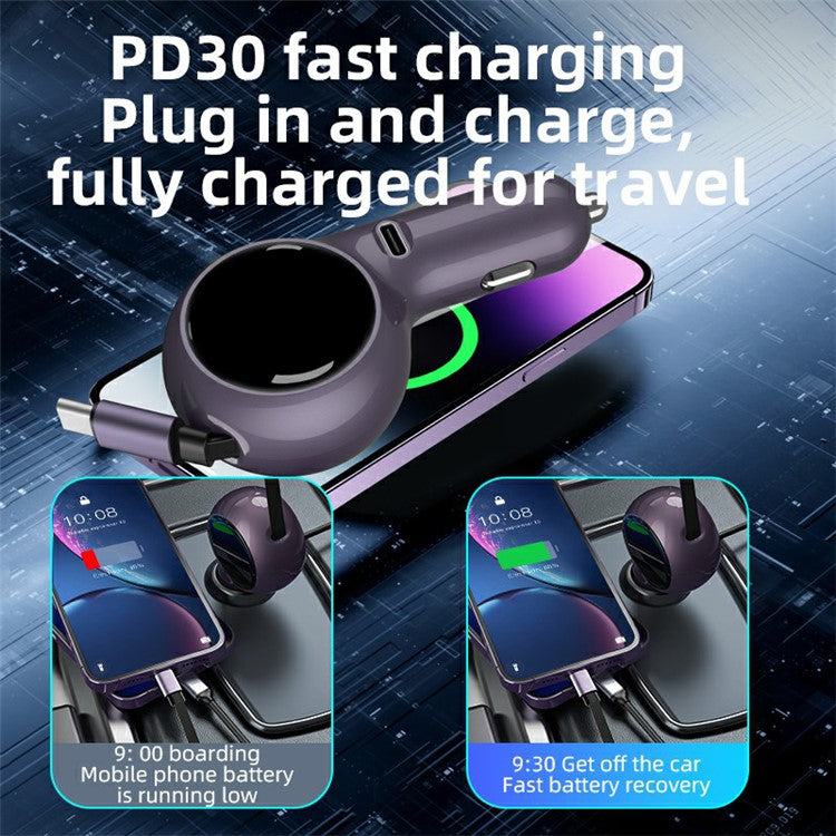 K2 PD 30W Type-C Port Phone Fast Charging Adapter Car Charger with 60W Type-C Retractable Cable