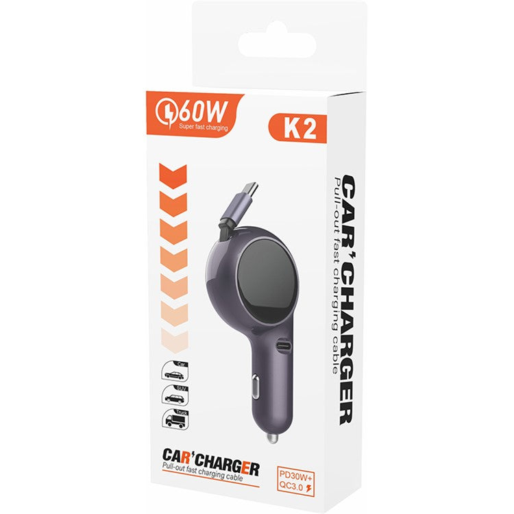 K2 PD 30W Type-C Port Phone Fast Charging Adapter Car Charger with 60W Type-C Retractable Cable