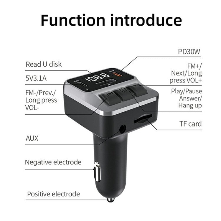 C65 Car Bluetooth FM Transmitter with Dual Type-C Port PD 30W Fast Charging Adapter