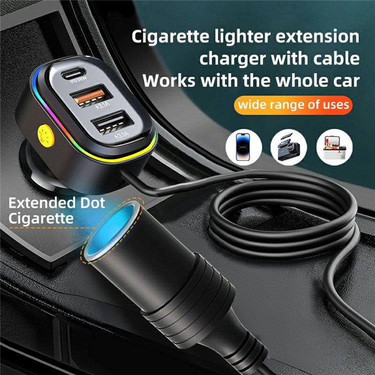 YQ9 Type-C + Dual USB Car Front Rear Seat Cigarette Lighter Charger for 12-24V Vehicles