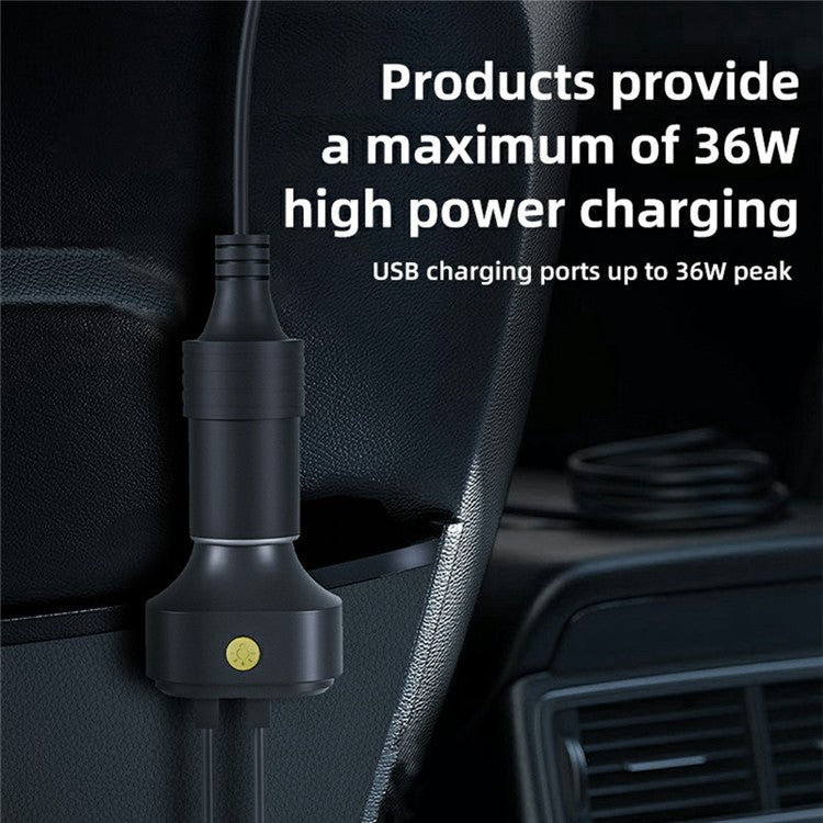 YQ9 Type-C + Dual USB Car Front Rear Seat Cigarette Lighter Charger for 12-24V Vehicles