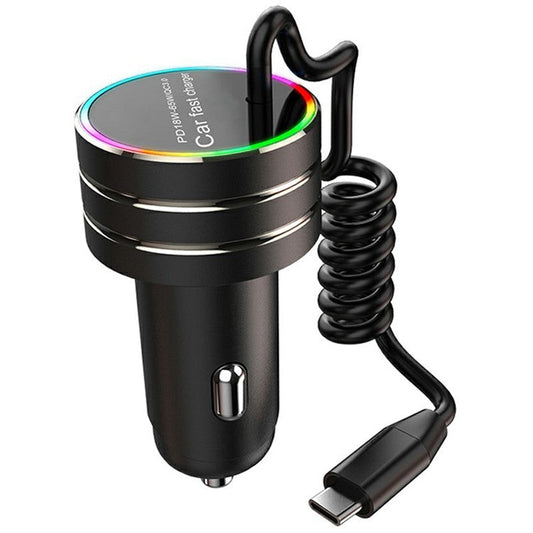 K13S 7-Color Ambient Lamp PD Fast Charging Car Charger with 1m Type-C Elastic Spring Wire