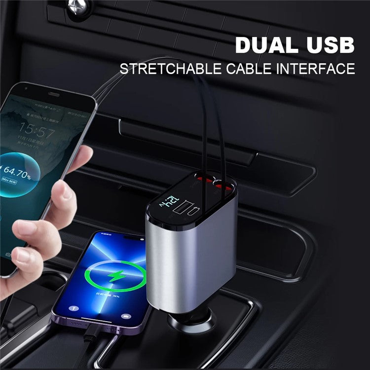 4-in-1 Digital Display Dual Ports Fast Charging Cigarette Lighter Car Charger with iP + Type-C Retractable Cable