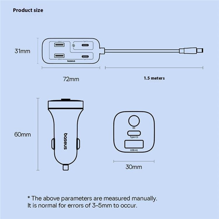 BASEUS Backseatpal L1 In-Vehicle Cigarette Lighter Car Charger 3 USB + 3 Type-C Power Strip - Black