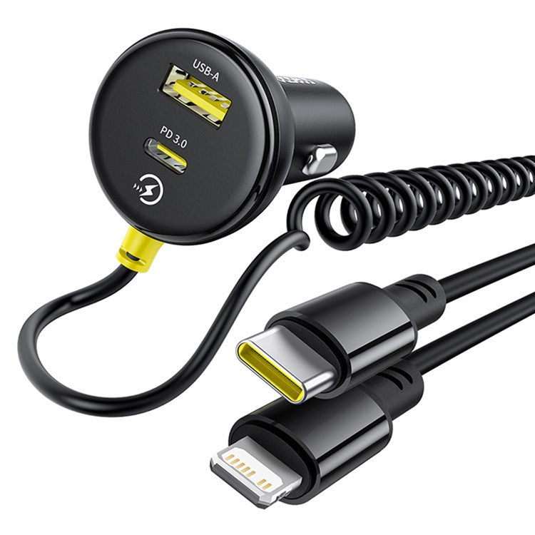 BASEUS Circular Plastic Car Charger 60W USB+Type-C Adapter with Type-C+Lightning Spring Cable - Black