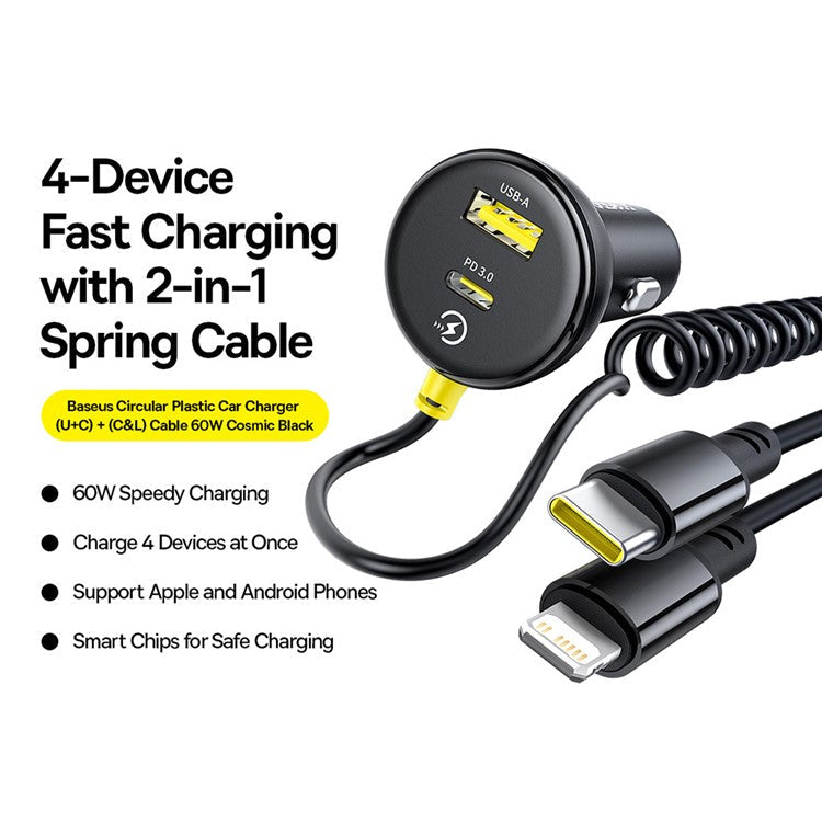 BASEUS Circular Plastic Car Charger 60W USB+Type-C Adapter with Type-C+Lightning Spring Cable - Black