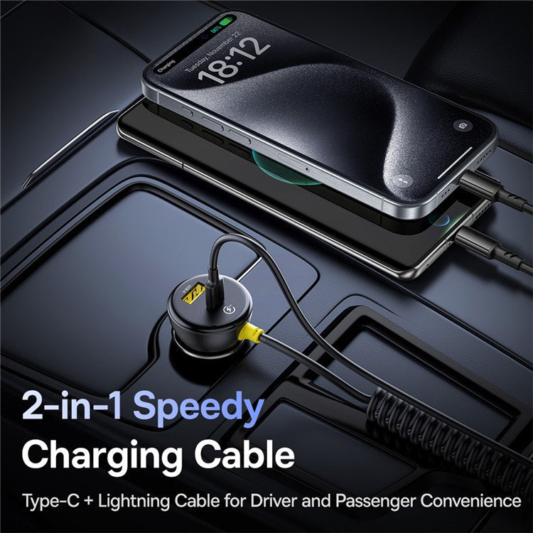 BASEUS Circular Plastic Car Charger 60W USB+Type-C Adapter with Type-C+Lightning Spring Cable - Black