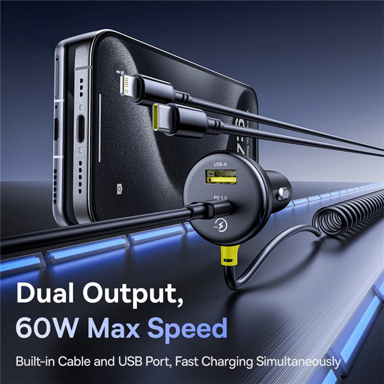 BASEUS Circular Plastic Car Charger 60W USB+Type-C Adapter with Type-C+Lightning Spring Cable - Black