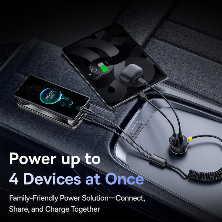 BASEUS Circular Plastic Car Charger 60W USB+Type-C Adapter with Type-C+Lightning Spring Cable - Black