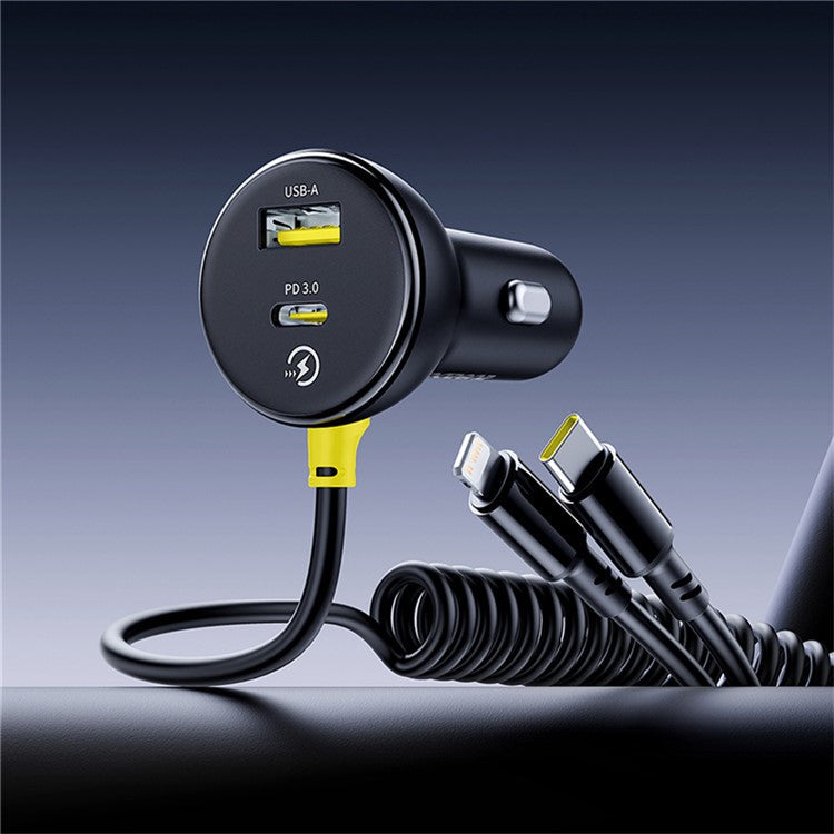 BASEUS Circular Plastic Car Charger 60W USB+Type-C Adapter with Type-C+Lightning Spring Cable - Black
