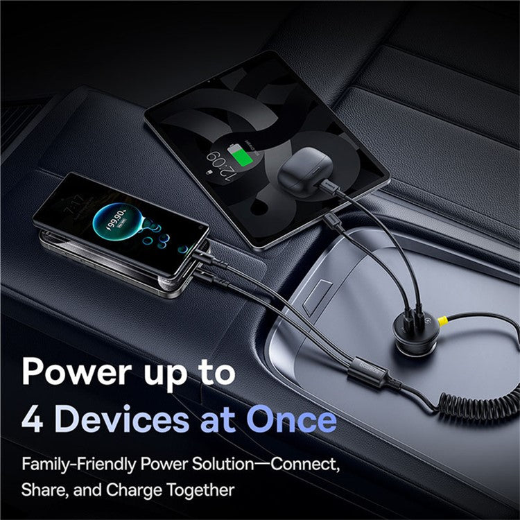 BASEUS Circular Plastic Car Charger 60W Dual Type-C Adapter with Type-C+Lightning Spring Cable - Black