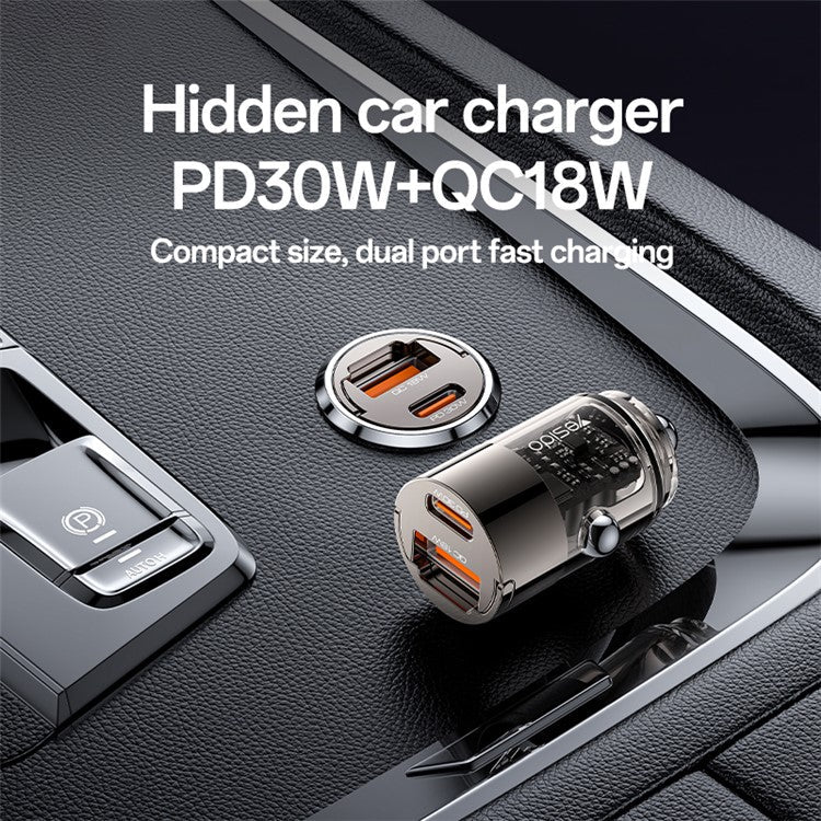 YESIDO Y68 USB+Type-C Dual Port Adapter PD 30W+QC 18W Fast Charging Mini Car Charger