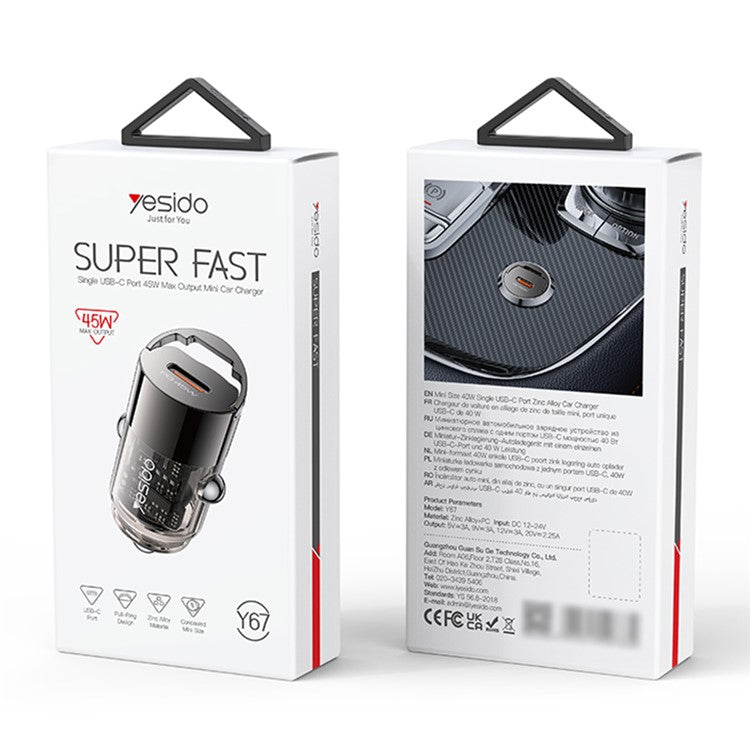 YESIDO Y67 PD 45W Type-C Mini Car Charger Fast Charging Adapter for Phones Laptops