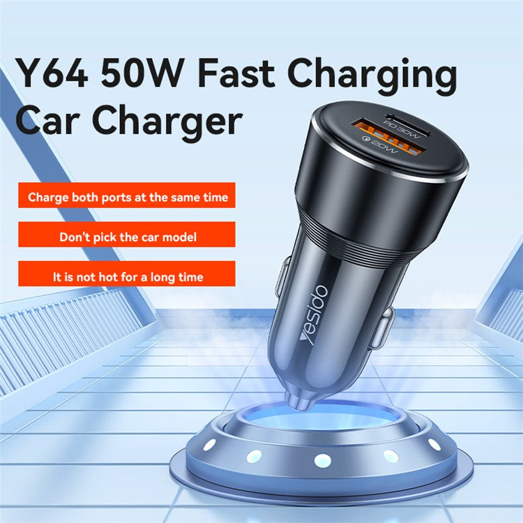 YESIDO Y64 50W USB+Type-C Dual Port Car Charger Fast Charging Cigarette Lighter Adapter