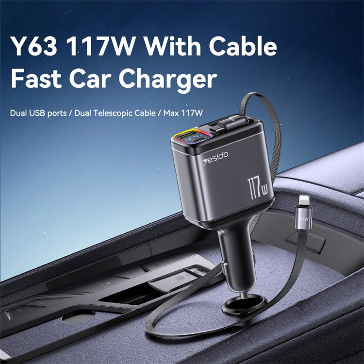 YESIDO Y63 117W Fast Charging USB-A + Type-C Dual Port Car Charger with Retractable Cables
