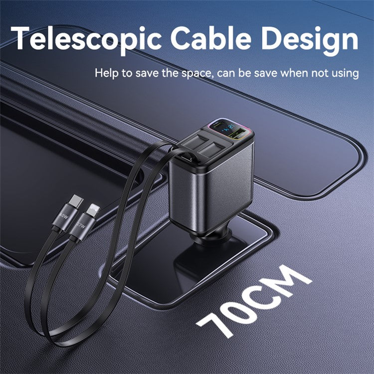 YESIDO Y63 117W Fast Charging USB-A + Type-C Dual Port Car Charger with Retractable Cables