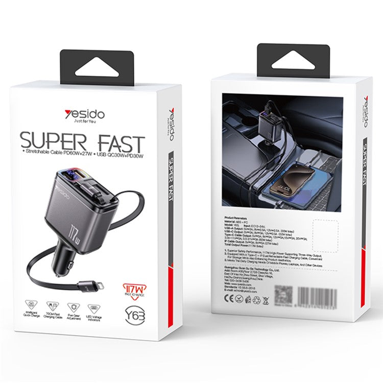 YESIDO Y63 117W Fast Charging USB-A + Type-C Dual Port Car Charger with Retractable Cables