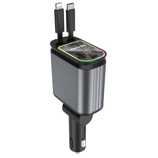 C3 4 in 1 USB A + USB C Car Charger with Retractable Type C + iP Cable Starry Sky Cigarette Lighter Adapter