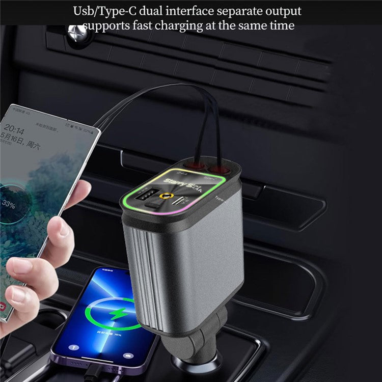 C3 4 in 1 USB A + USB C Car Charger with Retractable Type C + iP Cable Starry Sky Cigarette Lighter Adapter