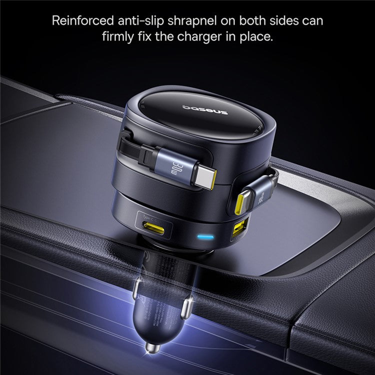 BASEUS Enjoyment Max Car Charger Dual Retractable Cable USB + Type-C Fast Charging Adapter - Black