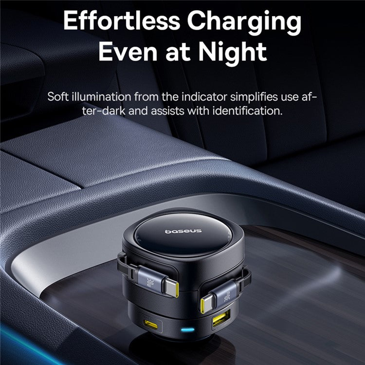 BASEUS Enjoyment Max Car Charger Dual Retractable Cable USB + Type-C Fast Charging Adapter - Black