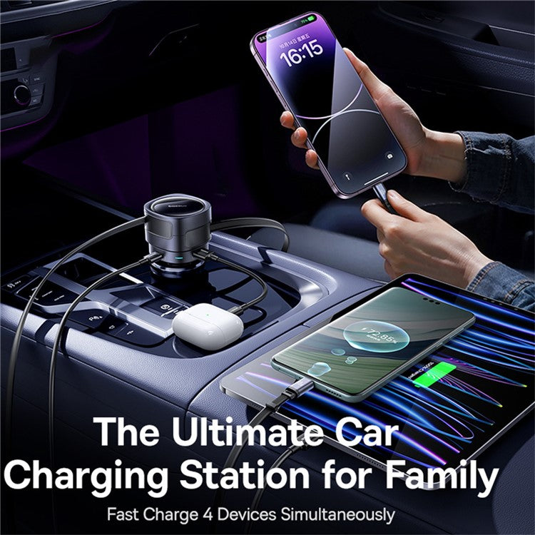 BASEUS Enjoyment Max Car Charger Dual Retractable Cable USB + Type-C Fast Charging Adapter - Black