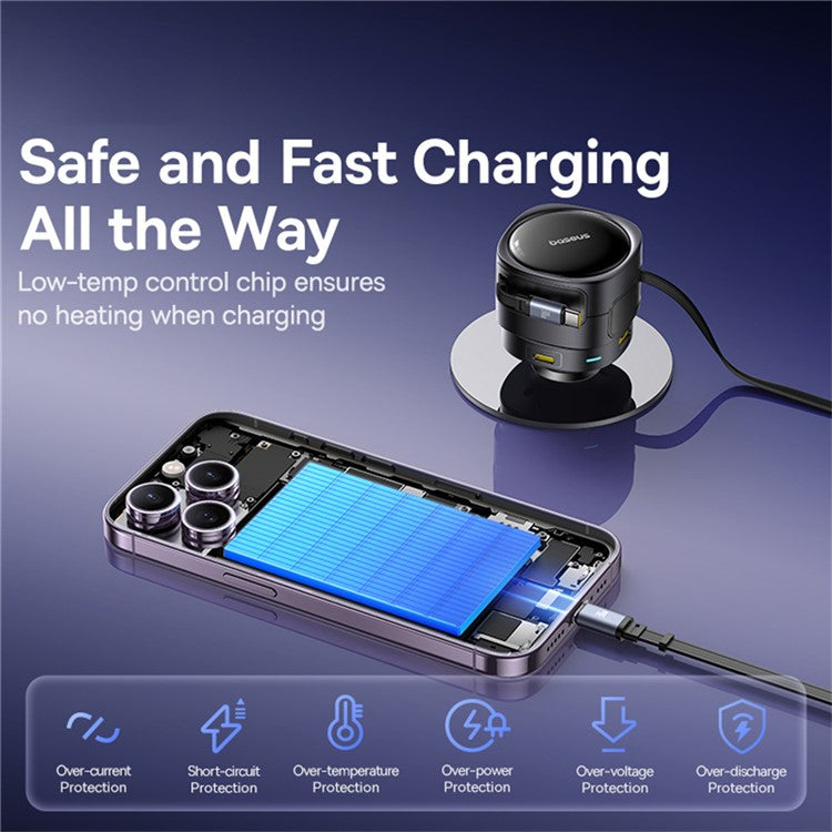 BASEUS Enjoyment Max Car Charger Dual Retractable Cable USB + Type-C Fast Charging Adapter - Black
