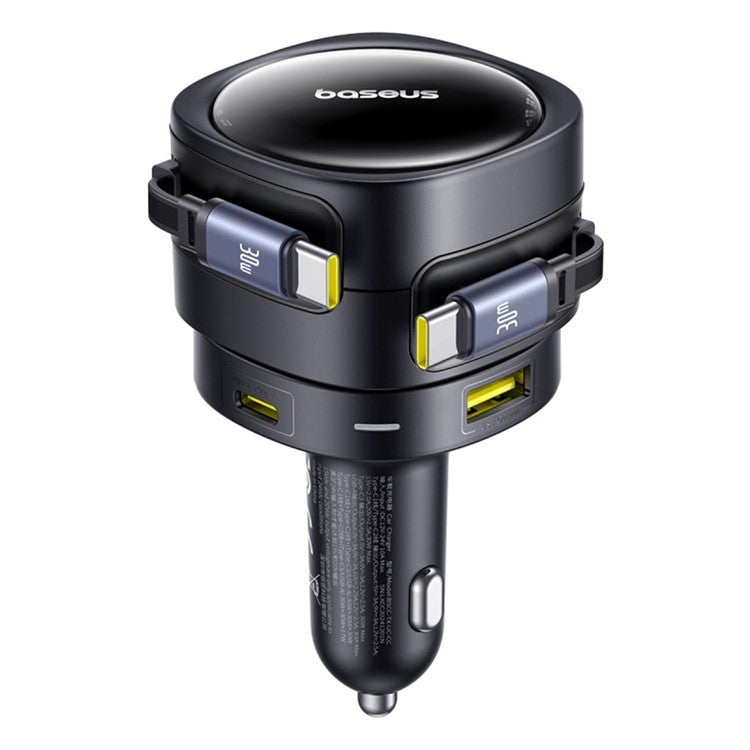 BASEUS Enjoyment Max Car Charger Dual Retractable Cable USB + Type-C Fast Charging Adapter - Black