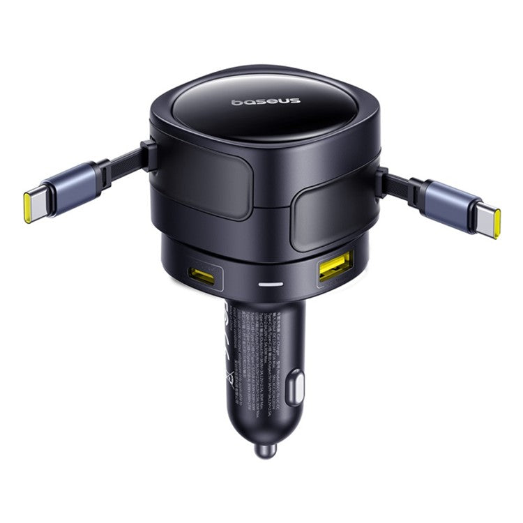 BASEUS Enjoyment Max Car Charger Dual Retractable Cable USB + Type-C Fast Charging Adapter - Black