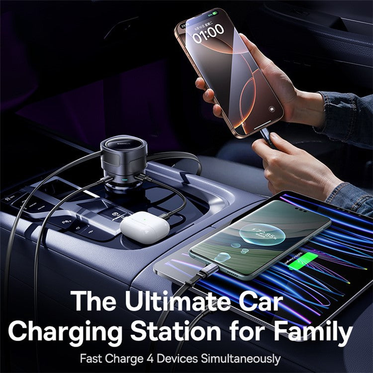 BASEUS Enjoyment Max 90W Car Charger Type-C 8Pin Retractable Cable USB + Type-C Fast Charging Adapter - Black