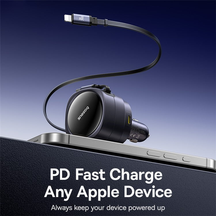 BASEUS Enjoyment Max 90W Car Charger Type-C 8Pin Retractable Cable USB + Type-C Fast Charging Adapter - Black