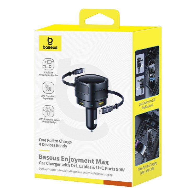 BASEUS Enjoyment Max 90W Car Charger Type-C 8Pin Retractable Cable USB + Type-C Fast Charging Adapter - Black