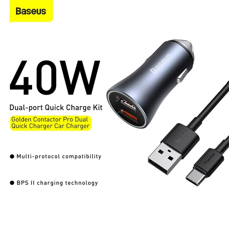 BASEUS Golden Contactor Pro Dual USB Quick Charger Car Charger 40W[with USB to Type-C Data Cable]