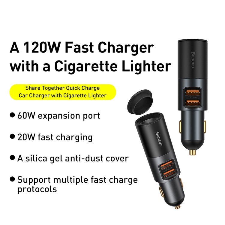 BASEUS Share Together 120W Dual USB Port Fast Charge Car Charger with Cigarette Lighter for 12-24V Car