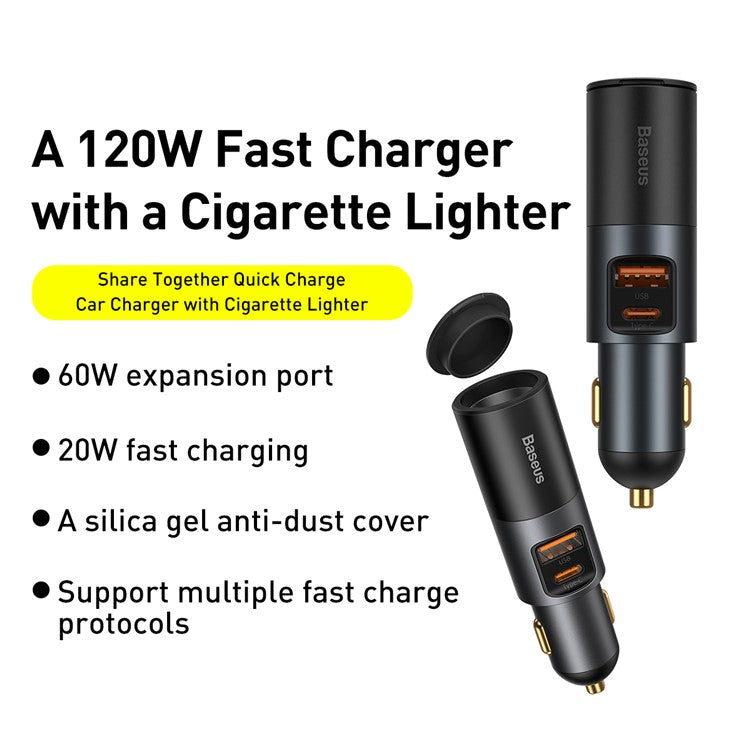 BASEUS Share Together USB+Type C Dual Port 120W Fast Charge Car Charger with Cigarette Lighter for 12-24V Car