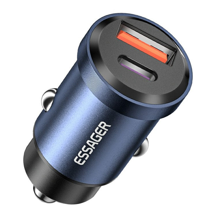 ESSAGER 30W Mini Car Charger USB-A + Type-C Dual Port Fast Charger for iPhone 12/13 - Blue