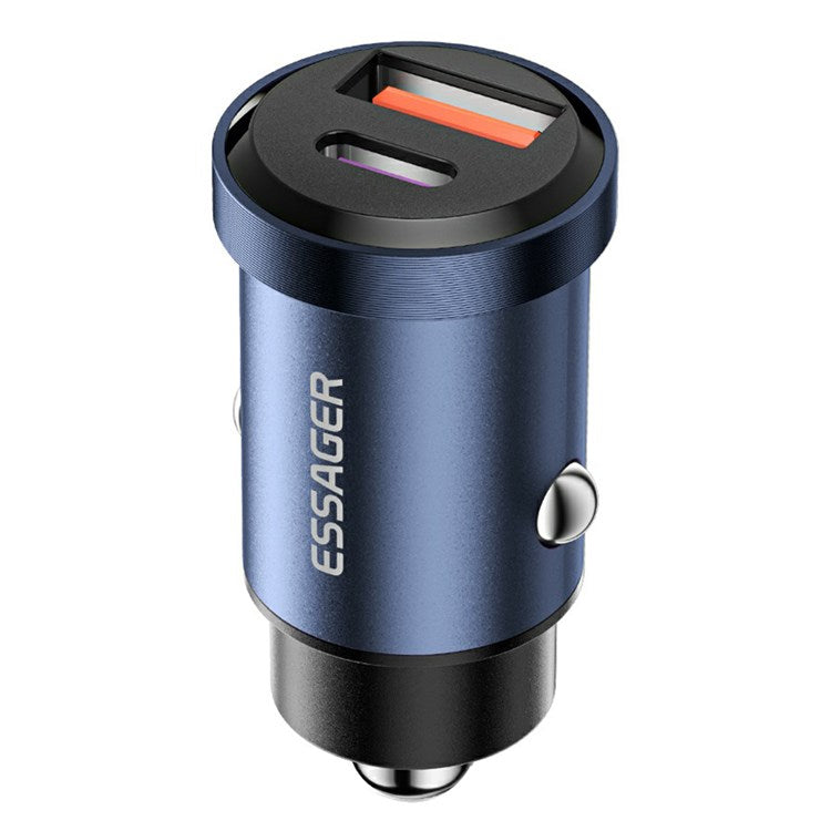 ESSAGER 30W Mini Car Charger USB-A + Type-C Dual Port Fast Charger for iPhone 12/13 - Blue
