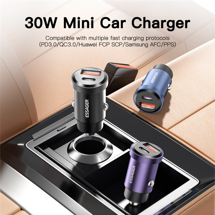 ESSAGER 30W Mini Car Charger USB-A + Type-C Dual Port Fast Charger for iPhone 12/13 - Blue